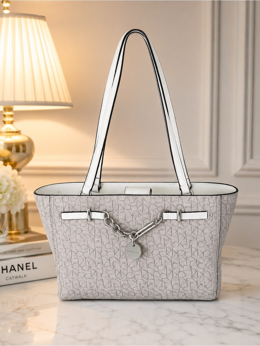 Stylish Women's White Patterned Tote Bag with Chain Accent